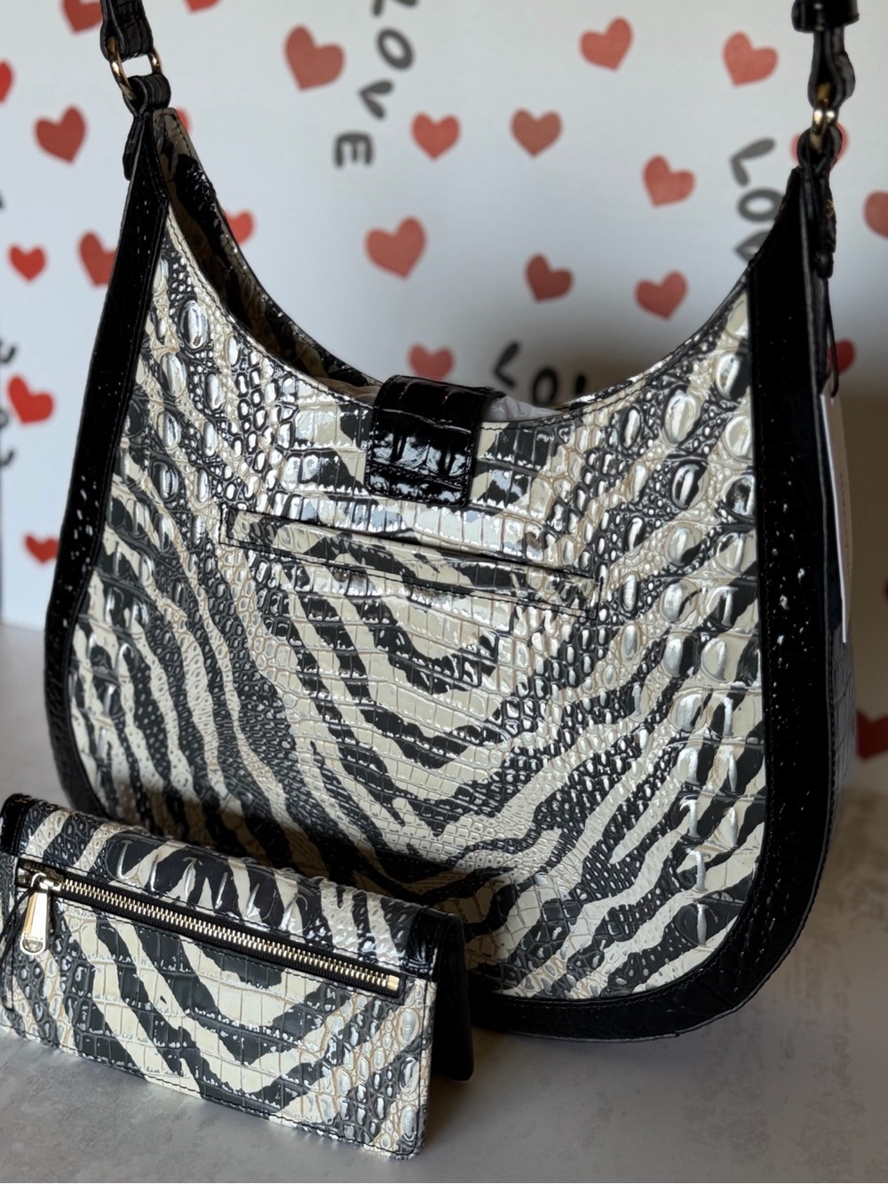 Zebra-Print Croc-Embossed Shoulder Bag with Matching Wallet - Black & Cream - Picture 8 of 12